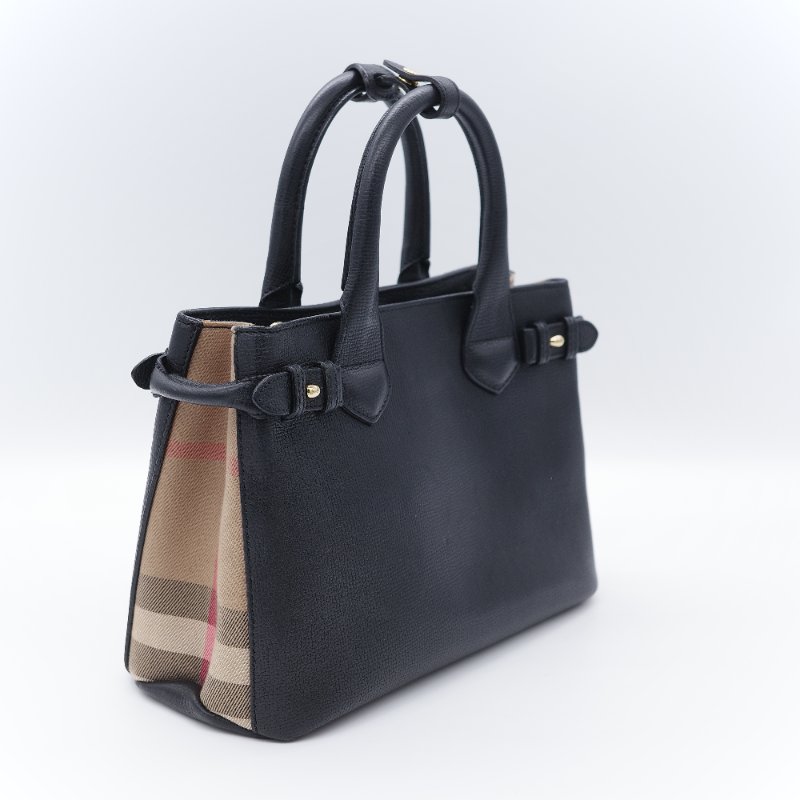 Burberry 巴寶莉 Banner 黑色 牛皮 經典格紋帆布 中型手提托特包-4