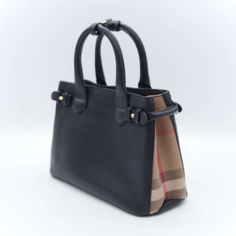 Burberry 巴寶莉 Banner 黑色 牛皮 經典格紋帆布 中型手提托特包-5