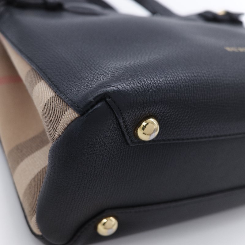 Burberry 巴寶莉 Banner 黑色 牛皮 經典格紋帆布 中型手提托特包-7