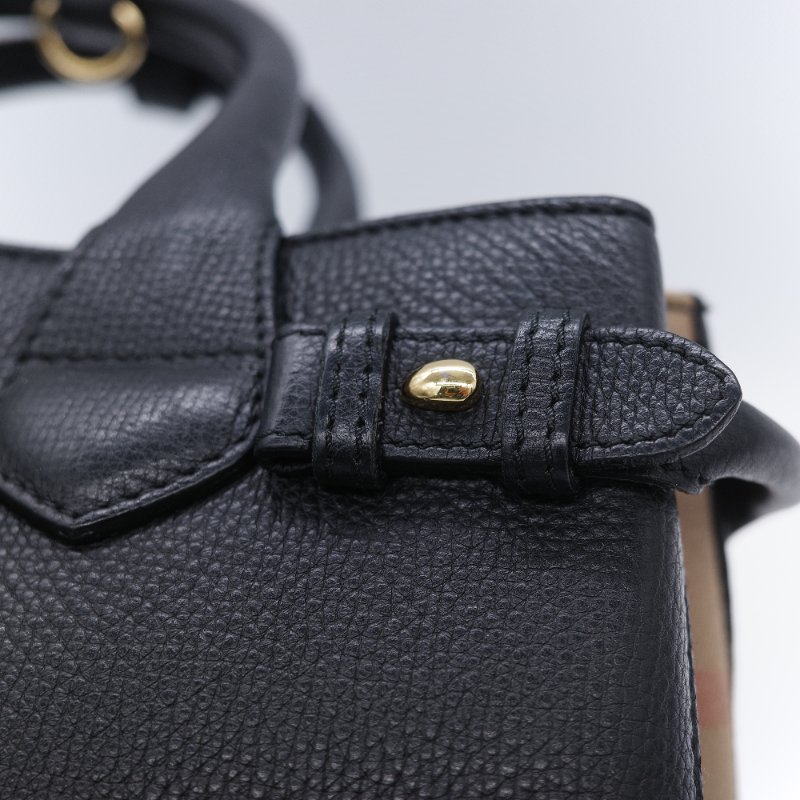 Burberry 巴寶莉 Banner 黑色 牛皮 經典格紋帆布 中型手提托特包-13