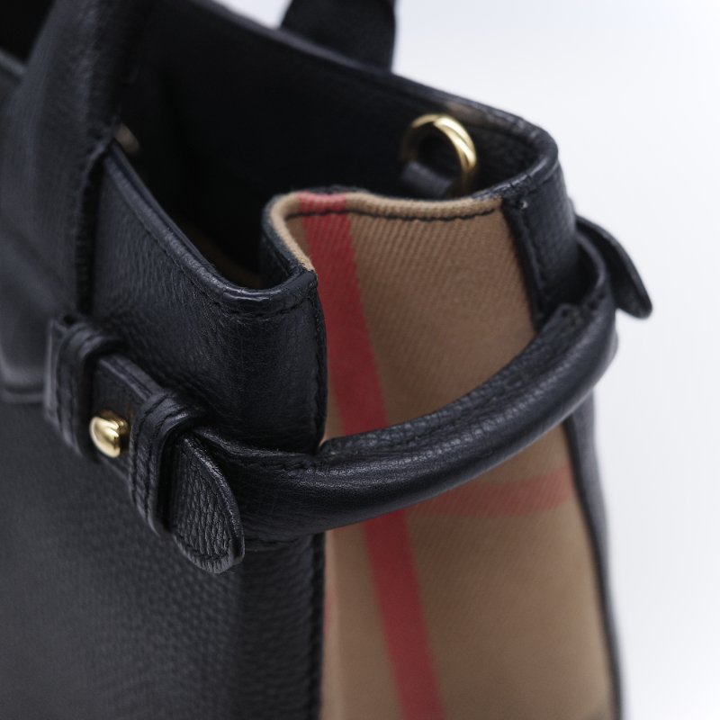 Burberry 巴寶莉 Banner 黑色 牛皮 經典格紋帆布 中型手提托特包-14