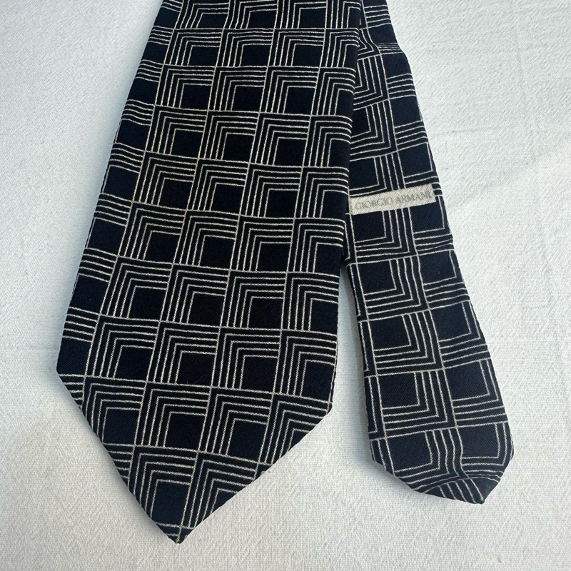 Armani 黑色摩登方格紳士領帶 領結 絲綢（中古）-1