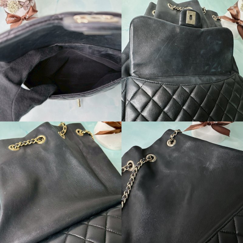 CHANEL 黑金羊皮束口後背包-5