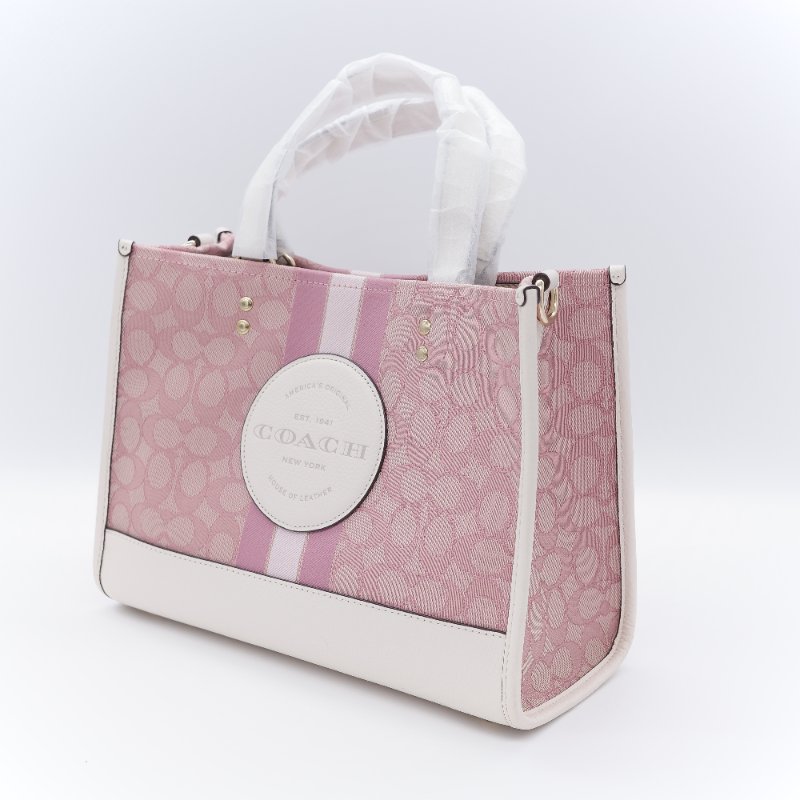 Coach 蔻馳 Dempsey 22 tote 經典緹花織布 鵝卵石顆粒 牛皮 圓型皮標 托特包-10