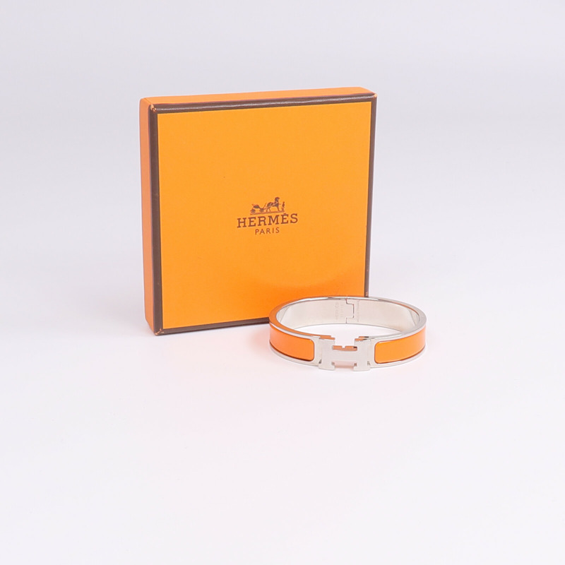 HERMES 金屬/琺瑯Clic H Bracelet銀扣手鐲-10