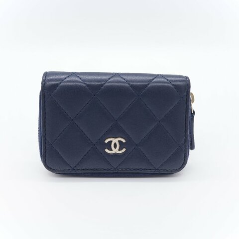 Chanel 香奈兒 經典菱格紋 海軍藍色 小羊皮拉鍊式卡夾 零錢包