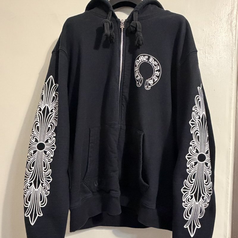 Chrome Hearts 克羅心 Hoodie Horseshoe Logo Scroll Cross Sleeve 黑色 帽T M 正品-0