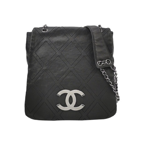 Chanel 黑銀竪版 牛皮大扣 郵差包 尺寸約31x29