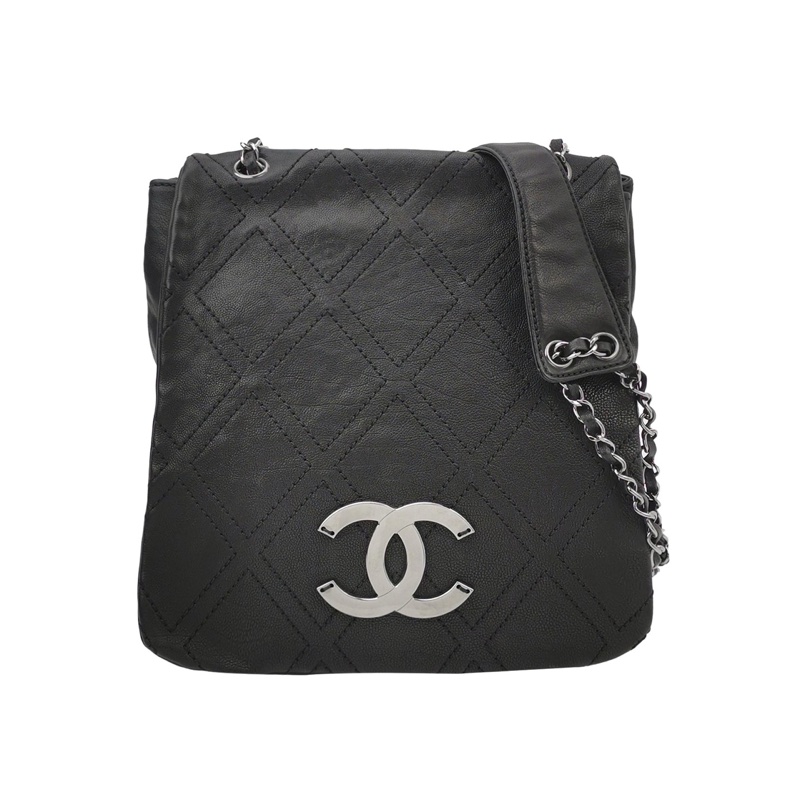 Chanel 黑銀竪版 牛皮大扣 郵差包 尺寸約31x29-0