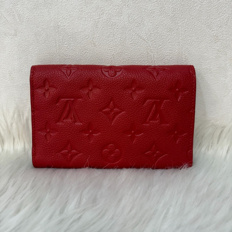 LV M60735 紅色荔枝皮 壓紋 金釦 三折 中夾短夾皮夾零錢包-2