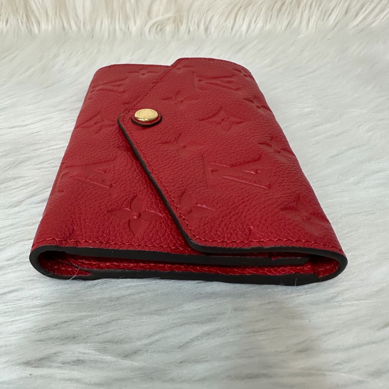 LV M60735 紅色荔枝皮 壓紋 金釦 三折 中夾短夾皮夾零錢包-3