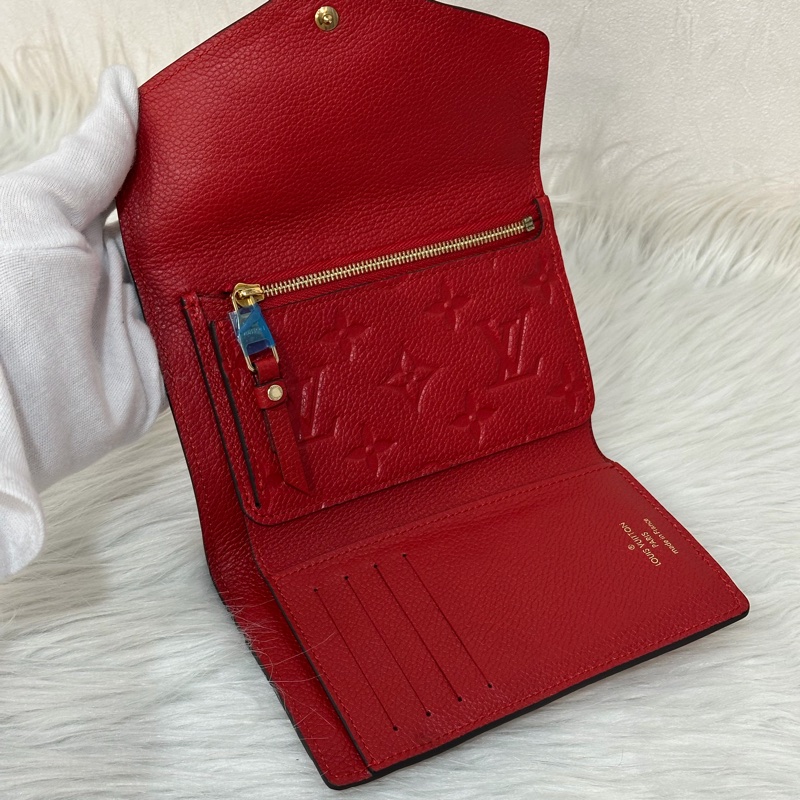 LV M60735 紅色荔枝皮 壓紋 金釦 三折 中夾短夾皮夾零錢包-6