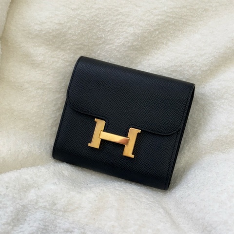 Hermes 玫瑰金釦 Epsom皮 Constance 二折短夾 黑色