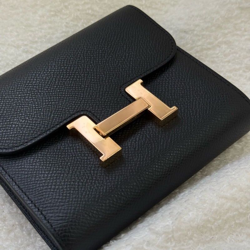 Hermes 玫瑰金釦 Epsom皮 Constance 二折短夾 黑色-1