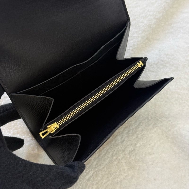 Hermes 玫瑰金釦 Epsom皮 Constance 二折短夾 黑色-6