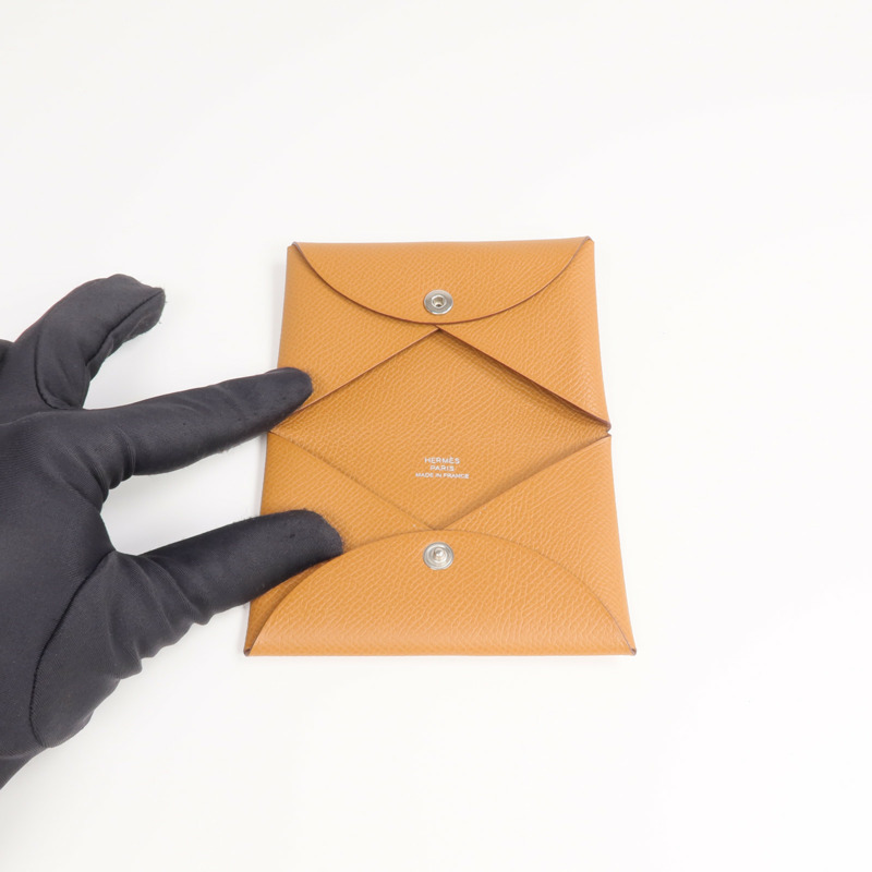 HERMES Epsom皮革Calvi銀扣卡片套Gold-6