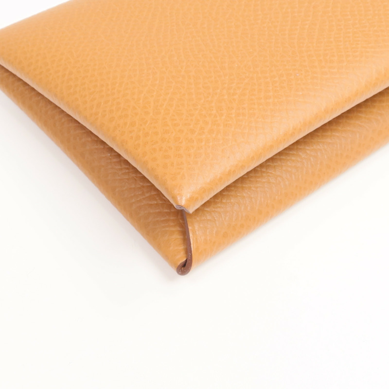 HERMES Epsom皮革Calvi銀扣卡片套Gold-10