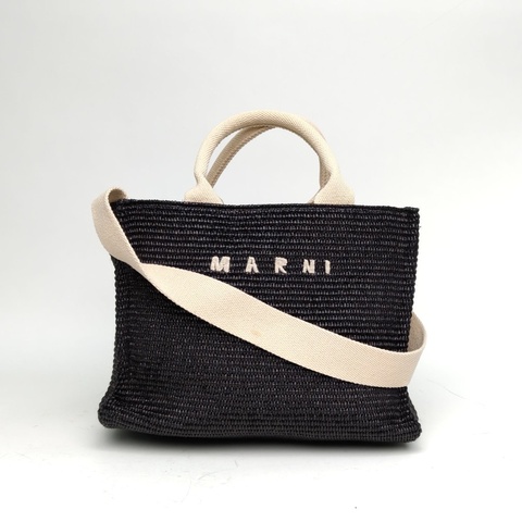 MARNI 黑色草編刺繡logo托特包手提單肩包