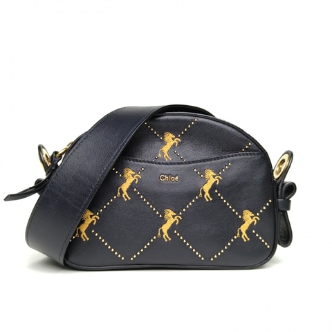CHLOE 黑色牛皮小馬刺繡鉚釘相機包斜挎包