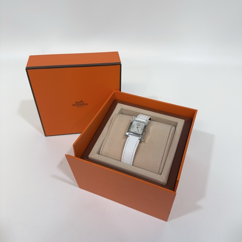 Hermes 銀色錶框拼白色牛皮錶帶Heure H 25mm腕錶-0