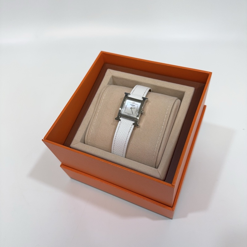 Hermes 銀色錶框拼白色牛皮錶帶Heure H 25mm腕錶-1
