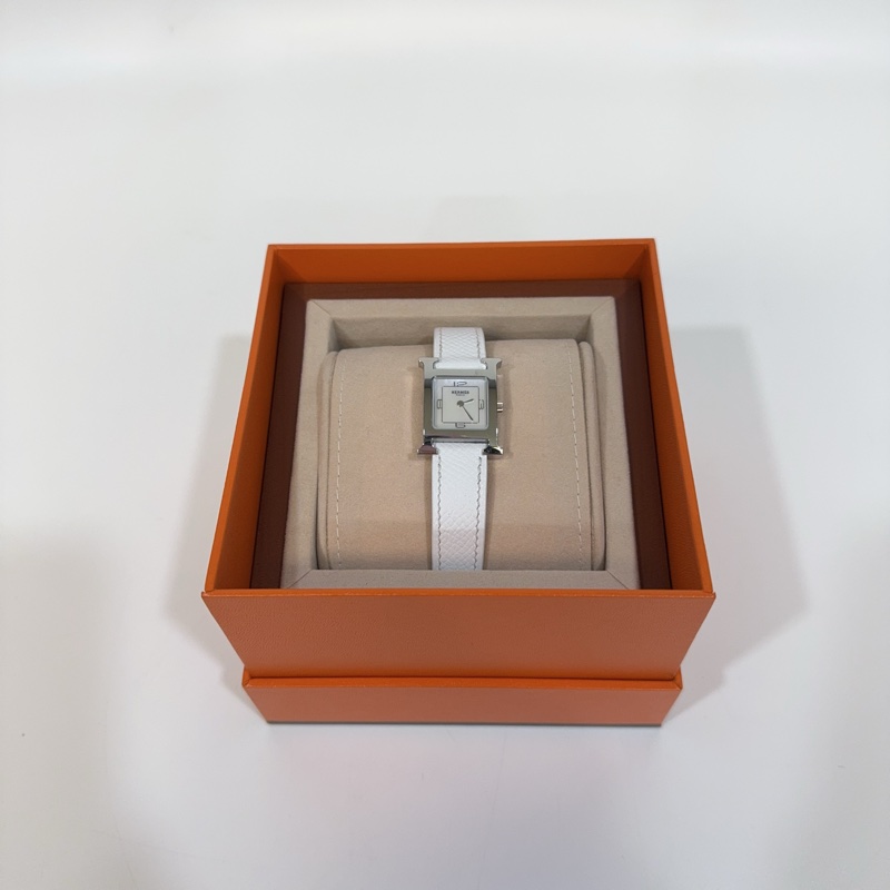 Hermes 銀色錶框拼白色牛皮錶帶Heure H 25mm腕錶-2