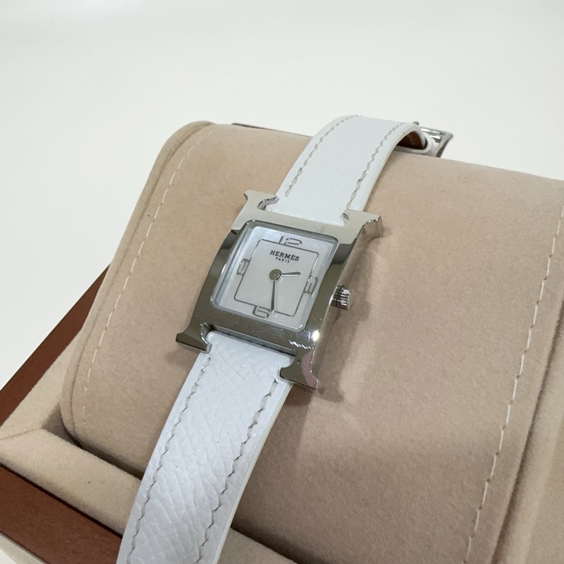 Hermes 銀色錶框拼白色牛皮錶帶Heure H 25mm腕錶-3