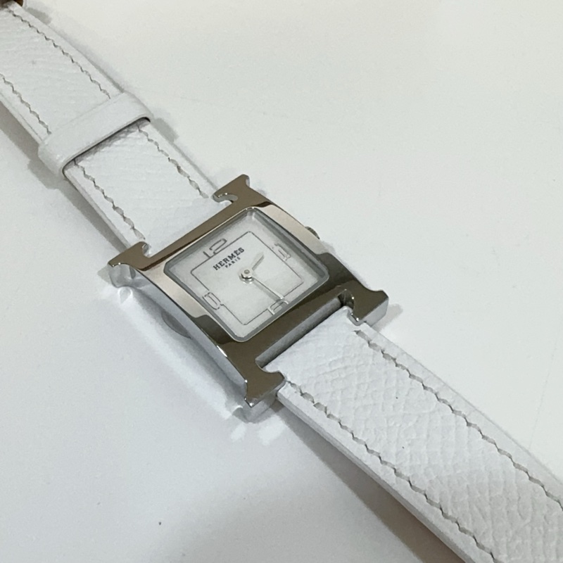 Hermes 銀色錶框拼白色牛皮錶帶Heure H 25mm腕錶-6