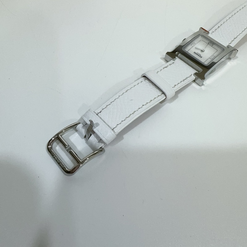 Hermes 銀色錶框拼白色牛皮錶帶Heure H 25mm腕錶-7