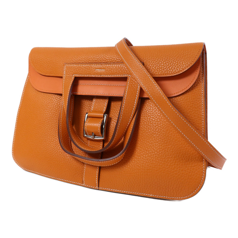 HERMES Clemence皮革Halzan 31銀扣手挽肩背兩用袋Orange-2