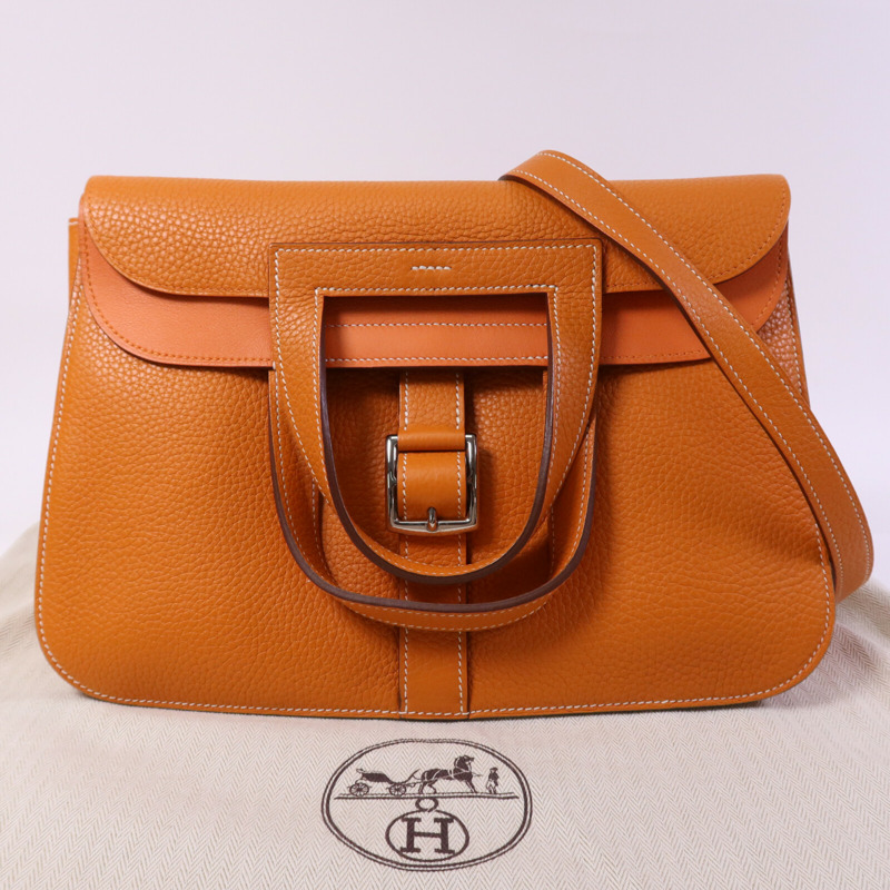 HERMES Clemence皮革Halzan 31銀扣手挽肩背兩用袋Orange-9