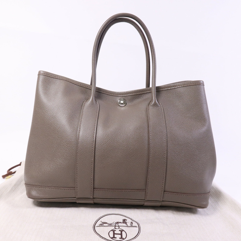 HERMES Epsom皮革Garden Party TPM銀扣手挽Etoupe袋-9