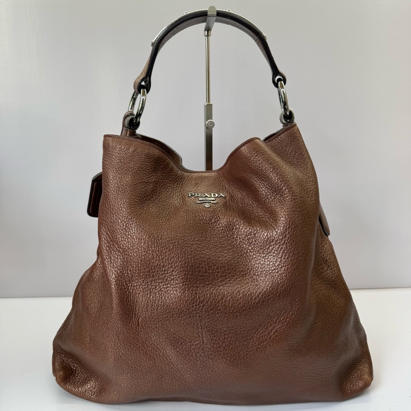 PRADA 普拉達 香檳棕牛皮肩背包-0