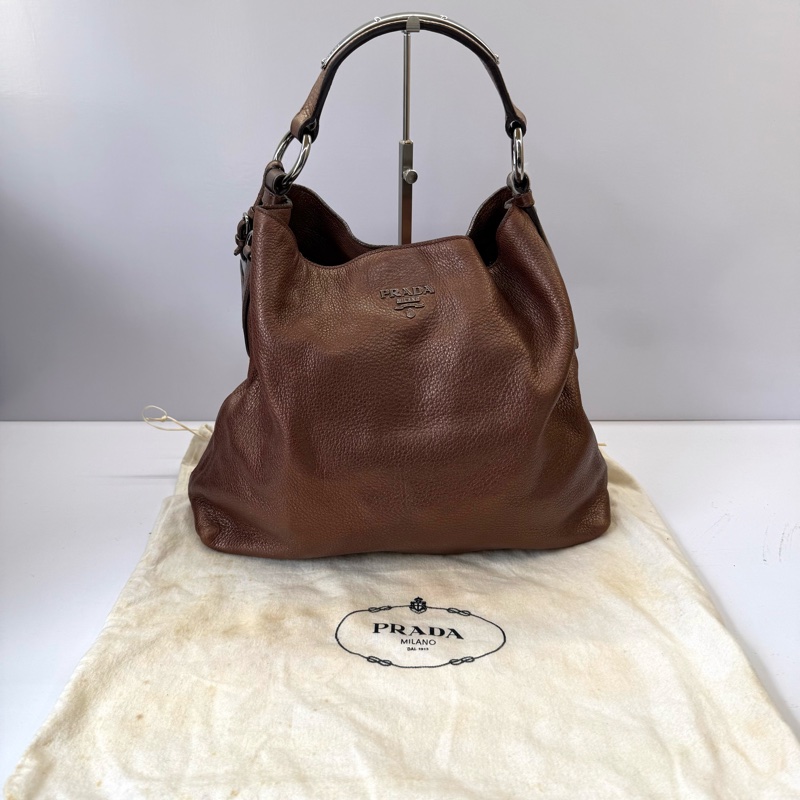 PRADA 普拉達 香檳棕牛皮肩背包-2