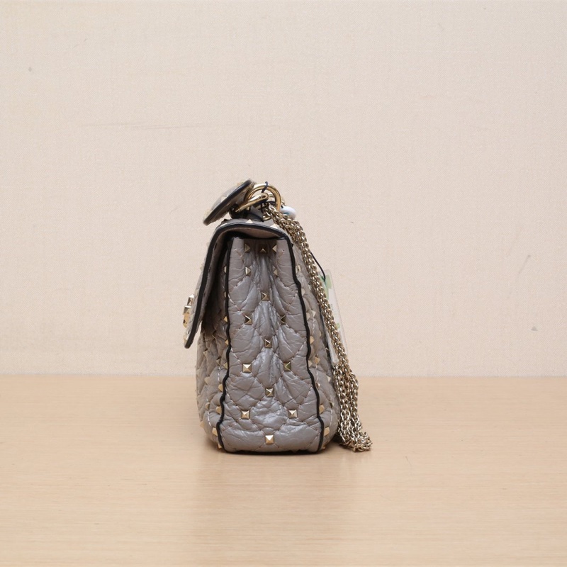VALENTINO ROCKSTUDSPIKE中號鏈式手袋灰色牛皮淺金扣肩背包-1