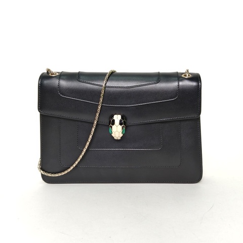 BVLGARI SerpentiForever風琴蛇頭包橫版黑色牛皮肩背包