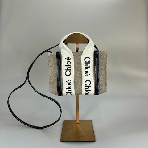 CHLOE 帆布拚黑色WOODY MINI 包