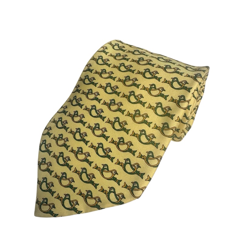 Salvatore Ferragamo 菲拉格慕 黃色雙鳥圖案領帶 領結 絲綢（中古）-0