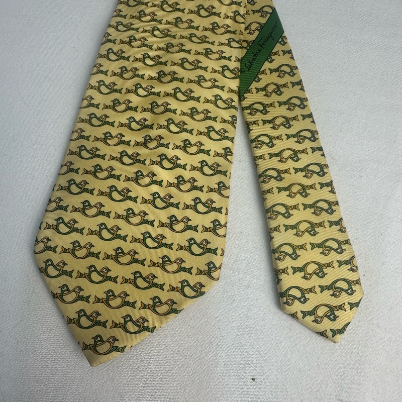 Salvatore Ferragamo 菲拉格慕 黃色雙鳥圖案領帶 領結 絲綢（中古）-1