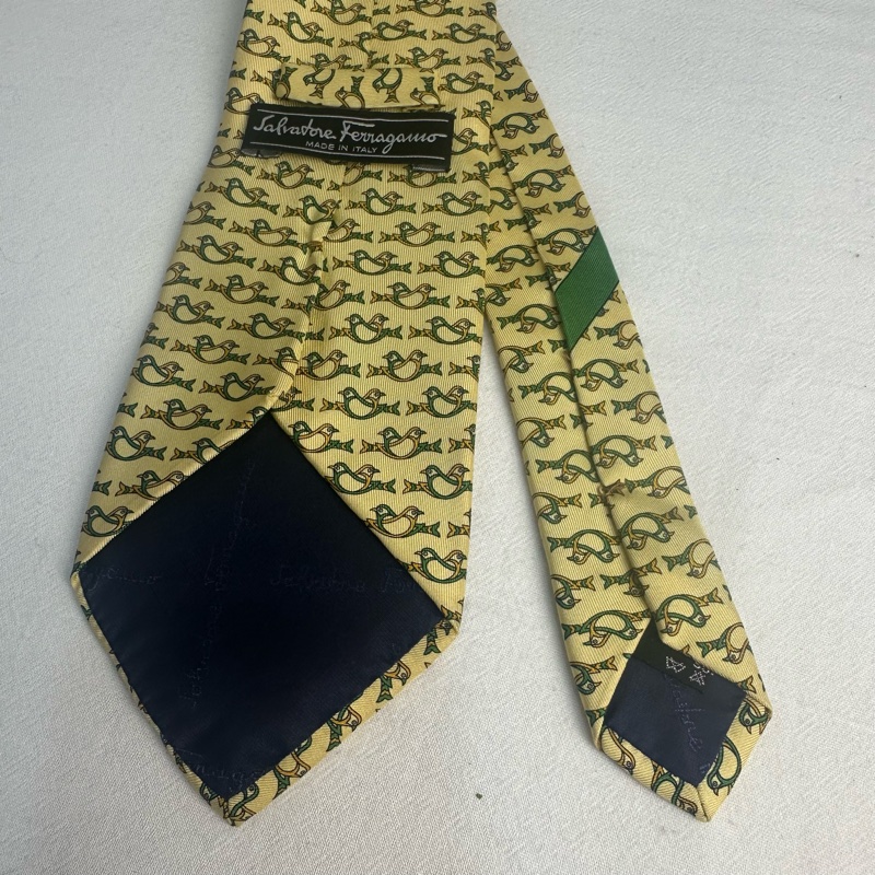 Salvatore Ferragamo 菲拉格慕 黃色雙鳥圖案領帶 領結 絲綢（中古）-2