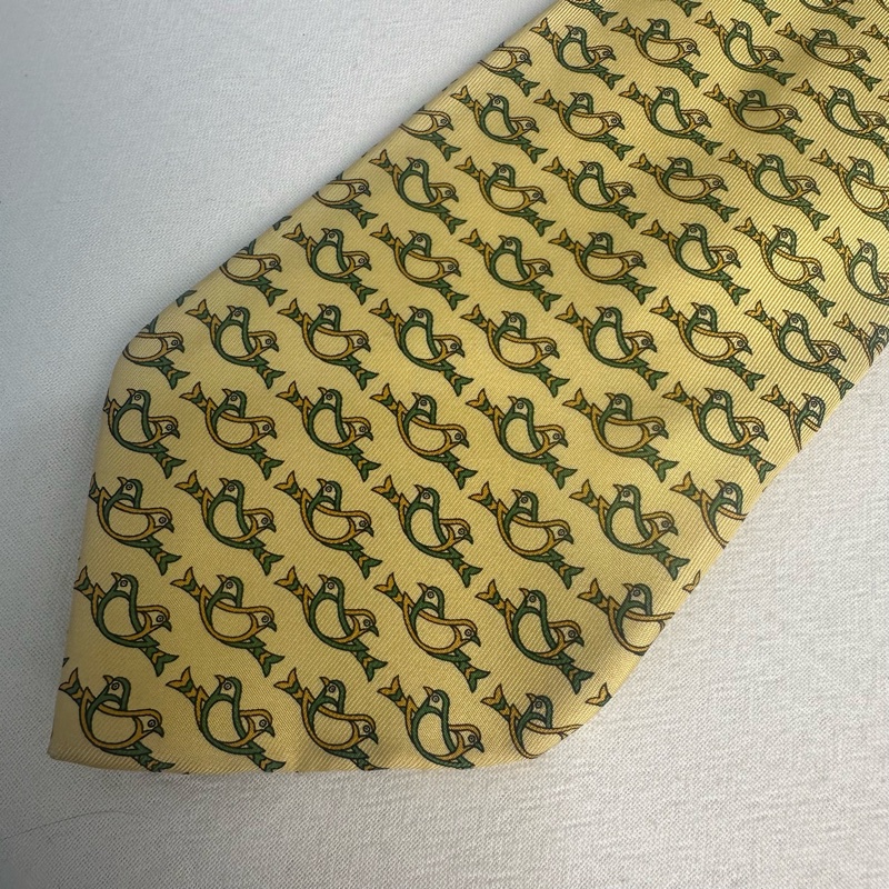 Salvatore Ferragamo 菲拉格慕 黃色雙鳥圖案領帶 領結 絲綢（中古）-3