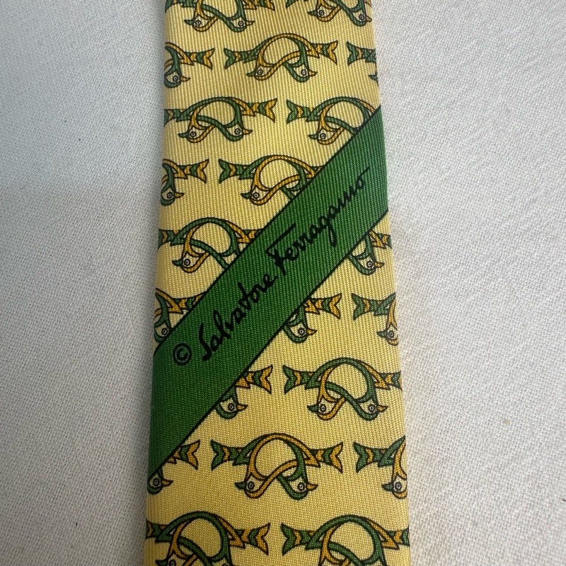 Salvatore Ferragamo 菲拉格慕 黃色雙鳥圖案領帶 領結 絲綢（中古）-4