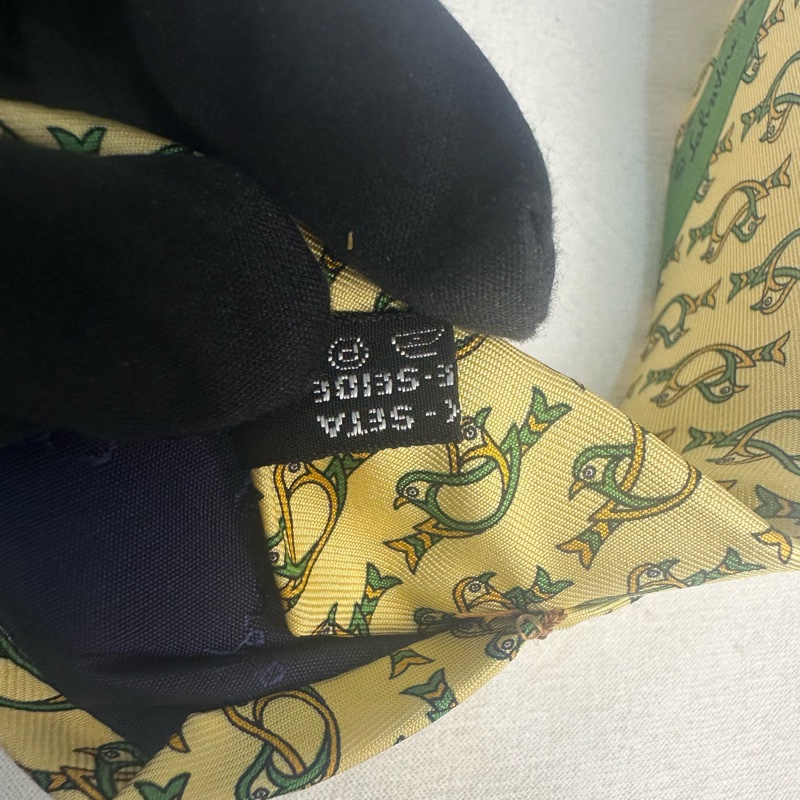 Salvatore Ferragamo 菲拉格慕 黃色雙鳥圖案領帶 領結 絲綢（中古）-5
