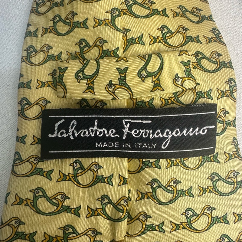 Salvatore Ferragamo 菲拉格慕 黃色雙鳥圖案領帶 領結 絲綢（中古）-7