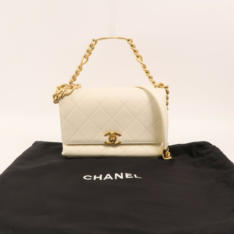 CHANEL 牛皮皮革Chain Shoulder金扣鏈帶手挽肩背兩用袋-7