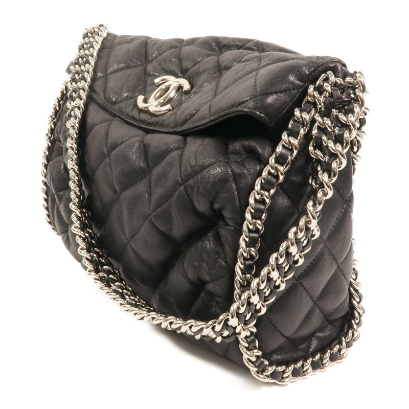 CHANEL 牛皮皮革Chain Around Hobo Bag銀扣鏈帶肩背袋-2