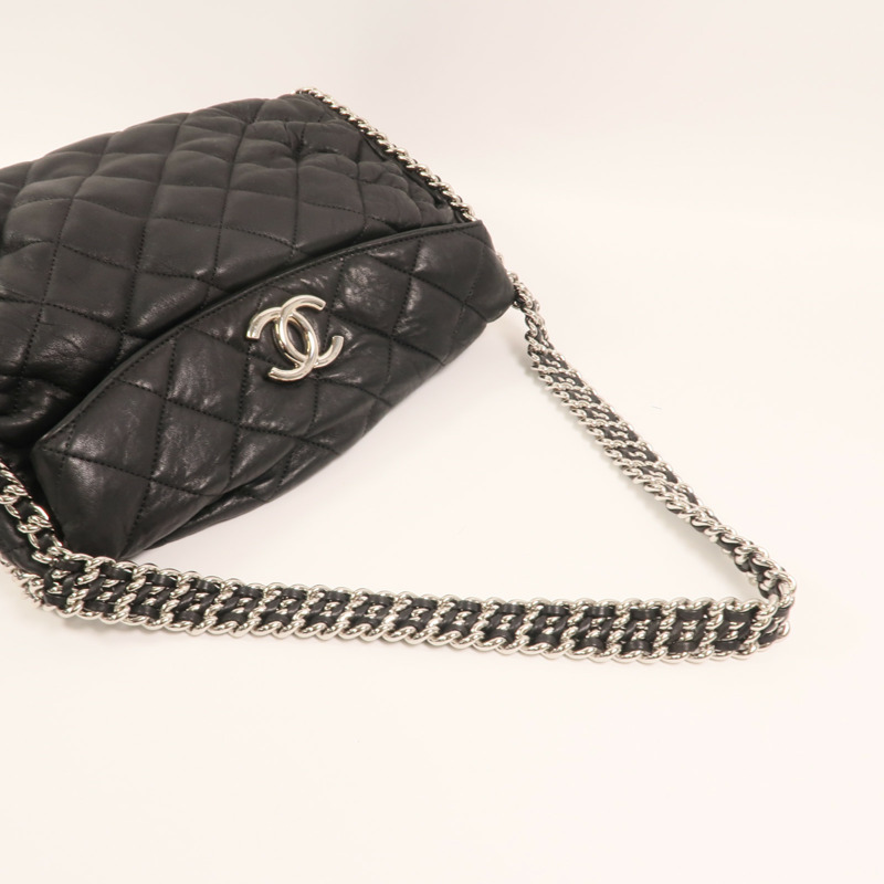 CHANEL 牛皮皮革Chain Around Hobo Bag銀扣鏈帶肩背袋-7