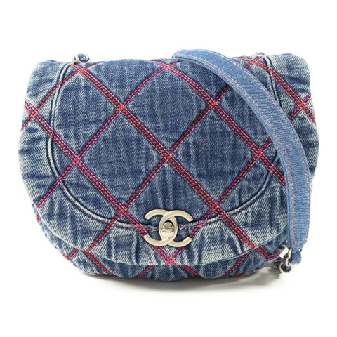 CHANEL 牛仔布料Chain Shoulder Bag銀扣鏈帶肩背袋