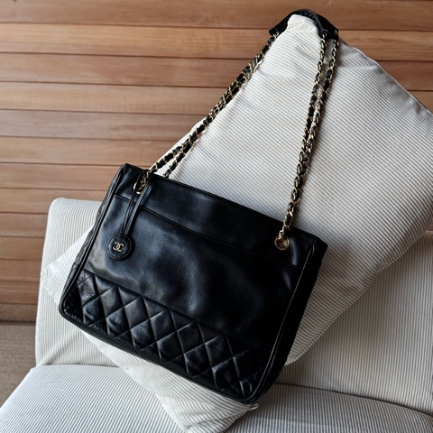 Chanel 皮革黑金肩背托特 老香
