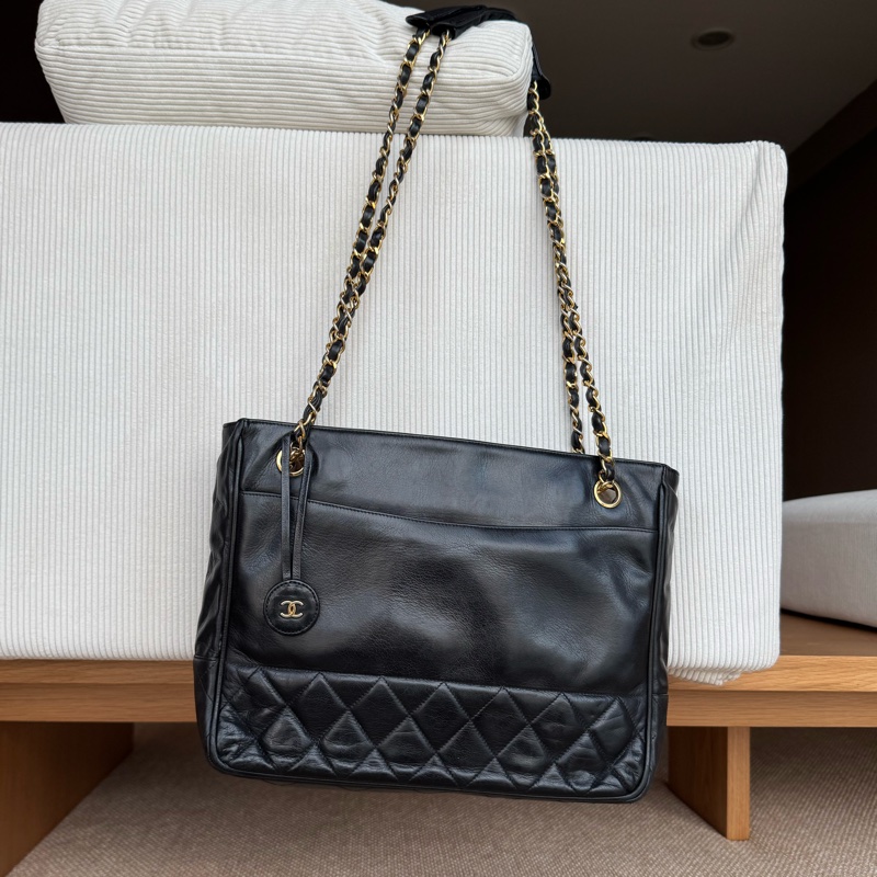 Chanel 皮革黑金肩背托特 老香-1